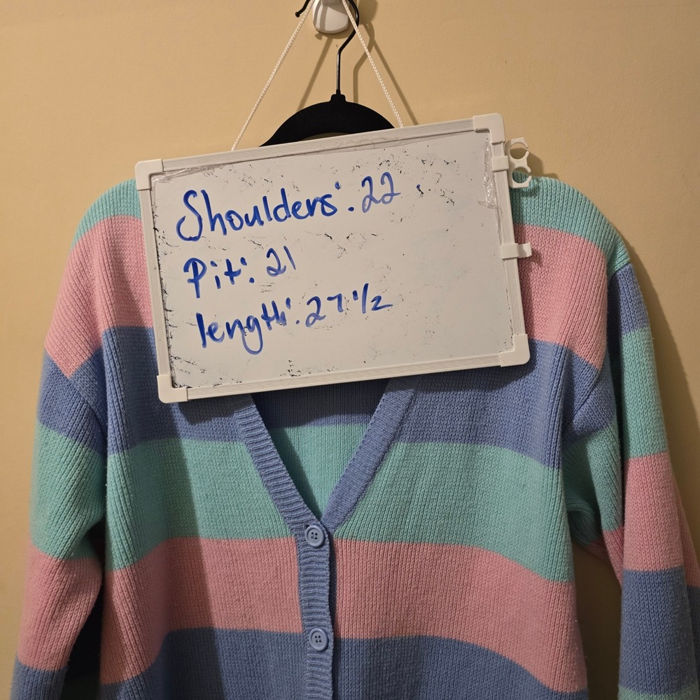 Vintage 80s Fetagetti Cardigan Women M Pink Blue Striped Pastel Knit Sweater - Picture 2 of 7